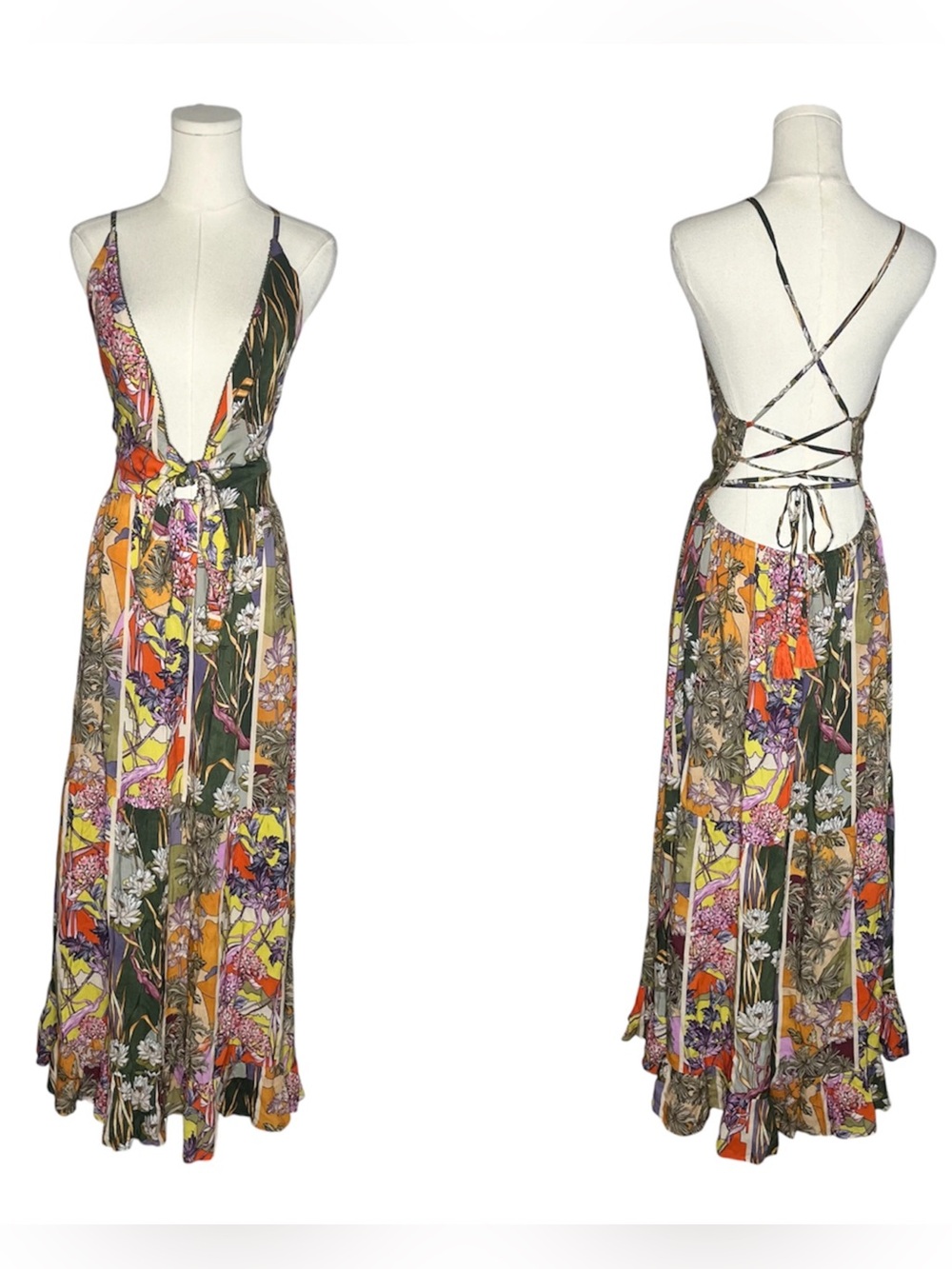 Agua Benita Floral Patchwork Fairy Suki Lace Up Back Plunging Halter Maxi Dress